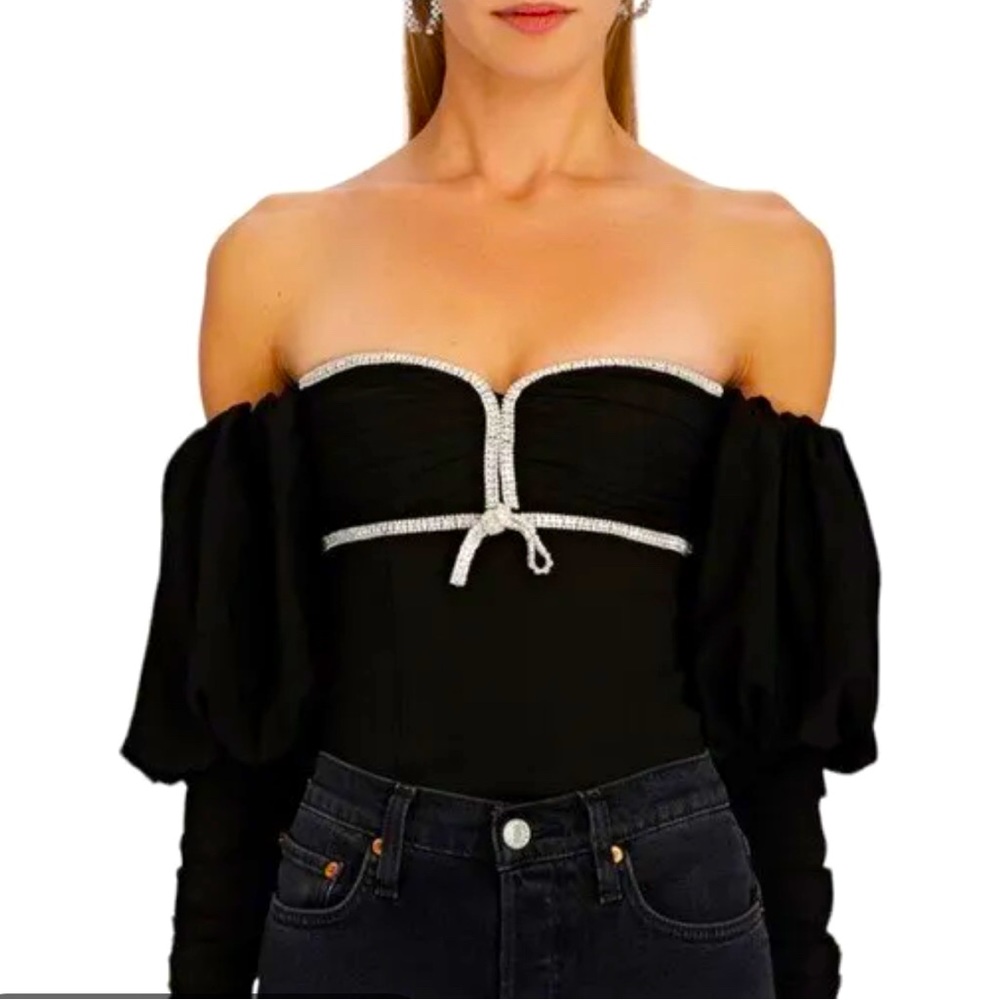 Self Portait Off the Shoulder Bishop Sleeve Crystal Top